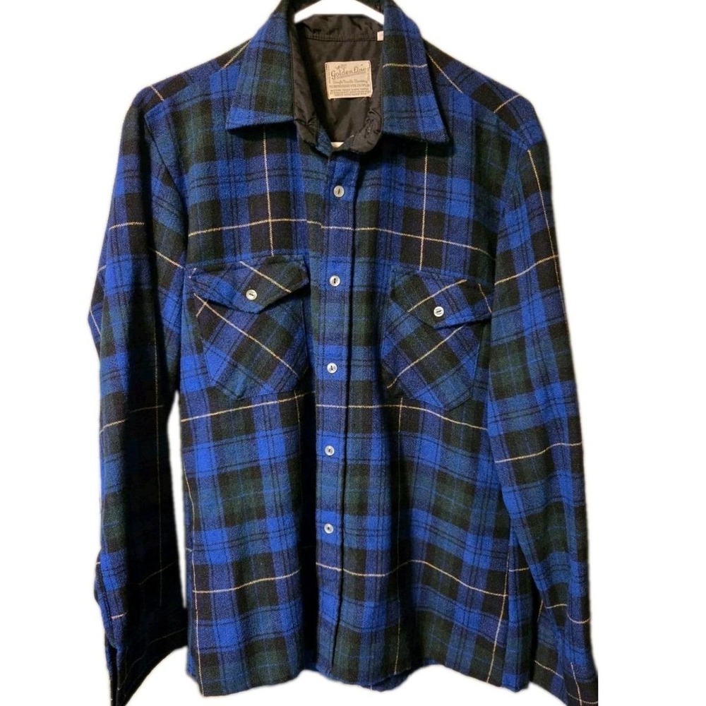 Golden Line Vintage Wool Blend Plaid Flannel Shirt Mens Medium Blue Green Poland